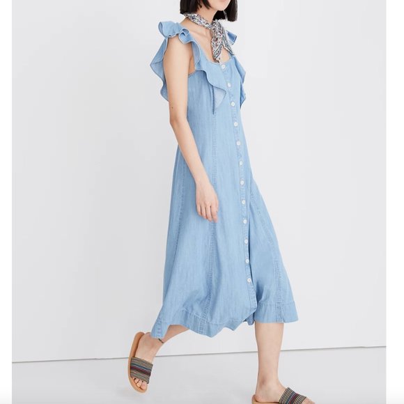 Madewell Dresses & Skirts - Madewell Light Chambray Denim Princess Seamed Flutter Top Button Up Maxi Dress
